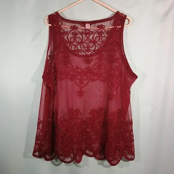 Red Lace Tank Top Women's Sheer Embroidered Boho Sleeveless Scalloped Hem Blouse - Picture 4 of 4